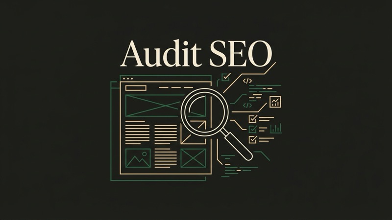 Illustration d'un audit SEO : loupe analysant la structure d'un site web