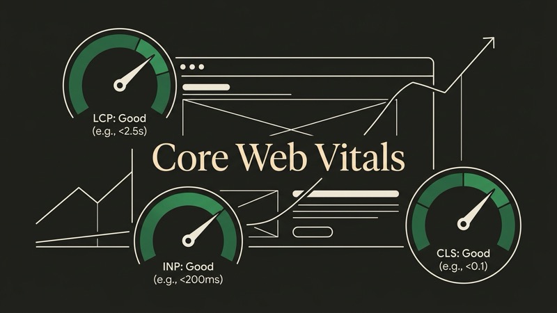 Illustration des Core Web Vitals LCP, INP et CLS pour l'optimisation SEO