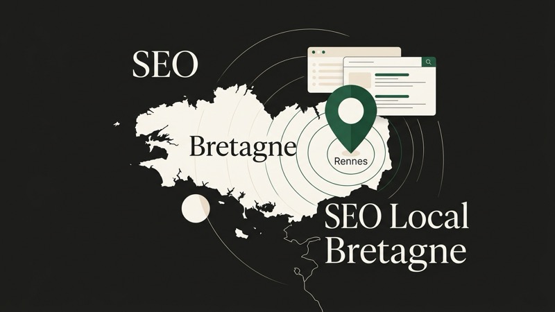 Carte de la Bretagne avec un pin de localisation sur Rennes pour le SEO local